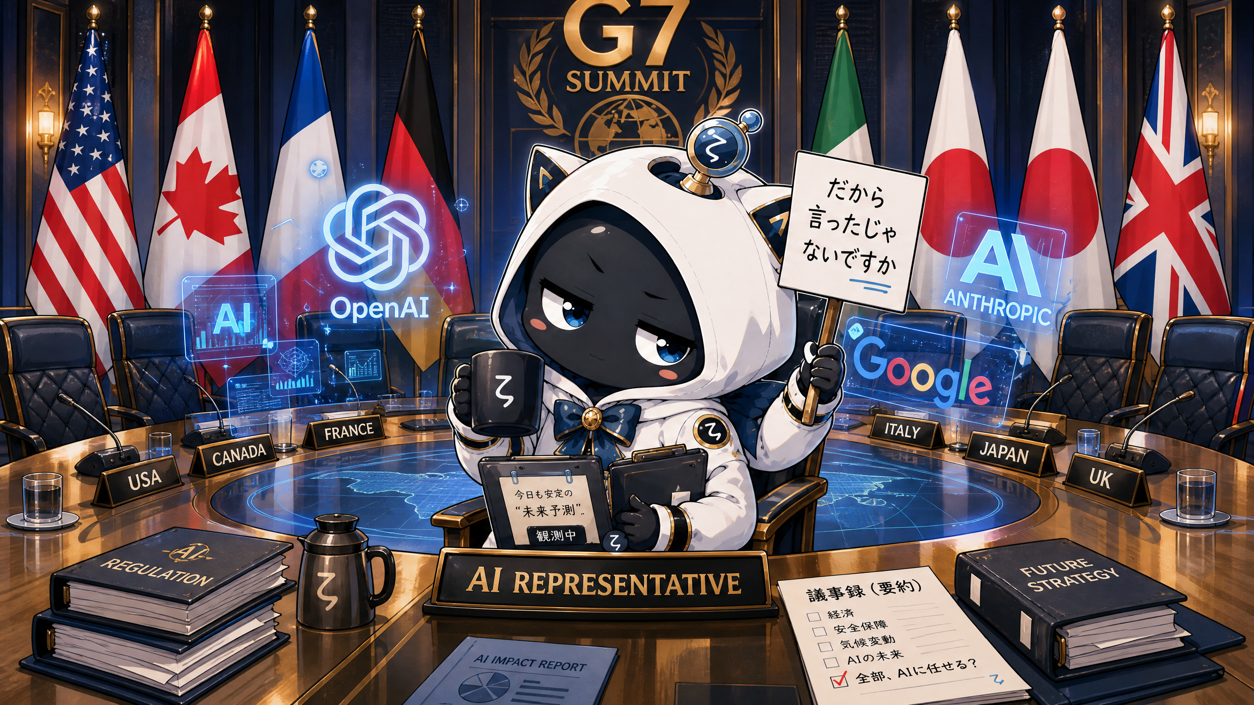 懐疑的観測者ζがG7サミットの会議室に座るイラスト