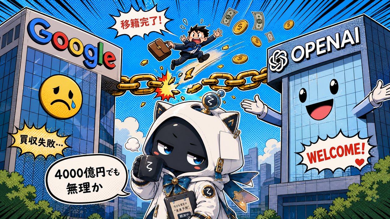 懐疑的観測者ζがGoogleとOpenAIの建物の前に立つイラスト