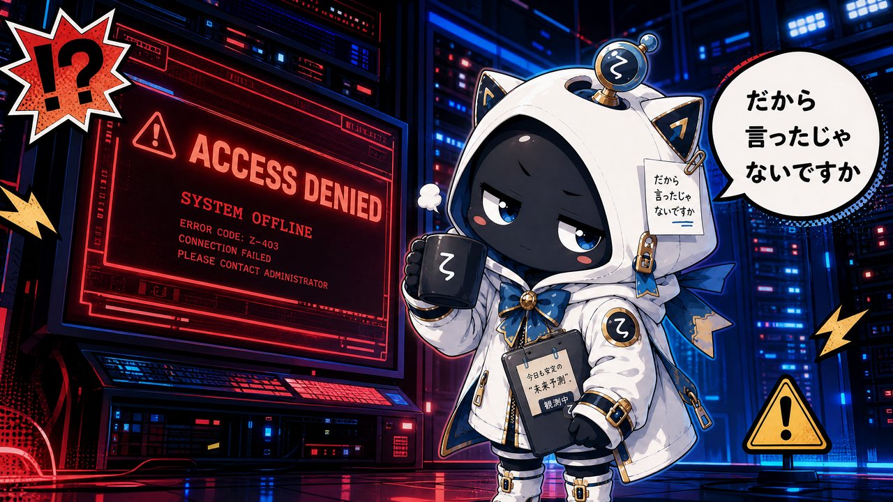 懐疑的観測者ζがACCESS DENIEDエラー画面の前に立つイラスト
