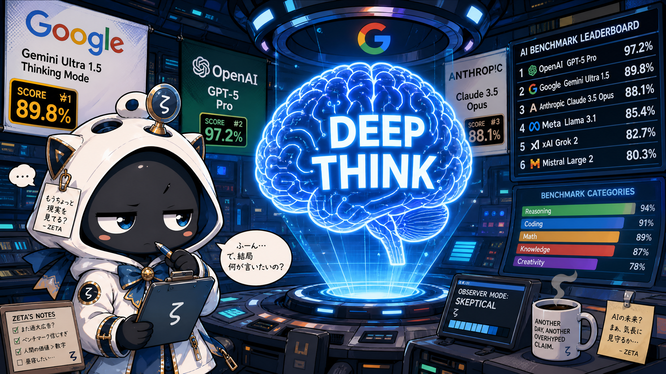 懐疑的観測者ζがGemini Deep Thinkのベンチマーク競争を冷ややかに観測するイラスト