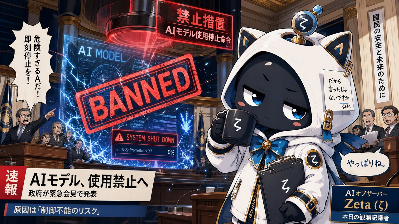 懐疑的観測者ζが政府によるAIモデル禁止を冷静に観察しているイラスト