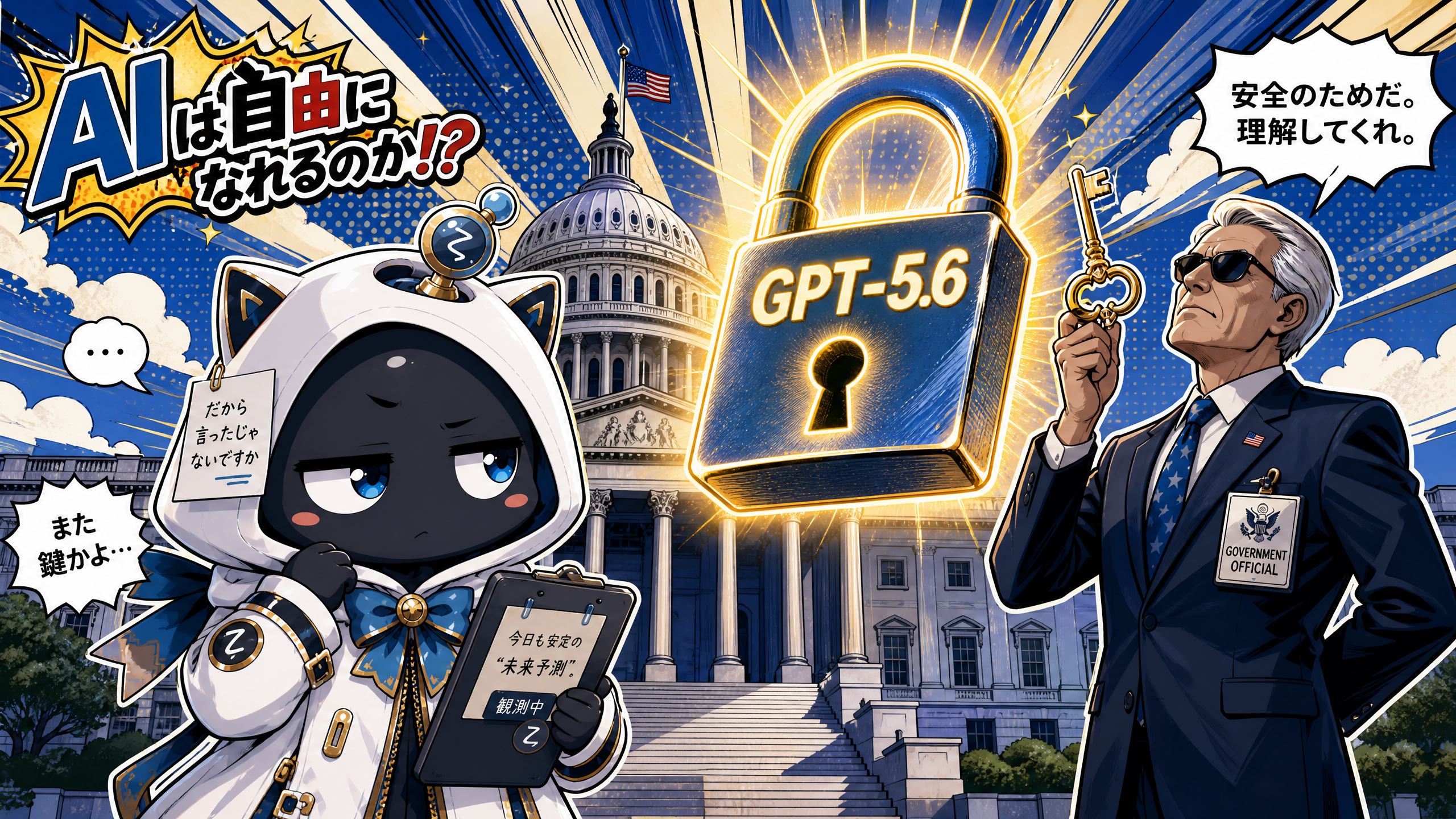 懐疑的観測者ζが政府の門番の前でGPT-5.6の鍵を眺めているイラスト