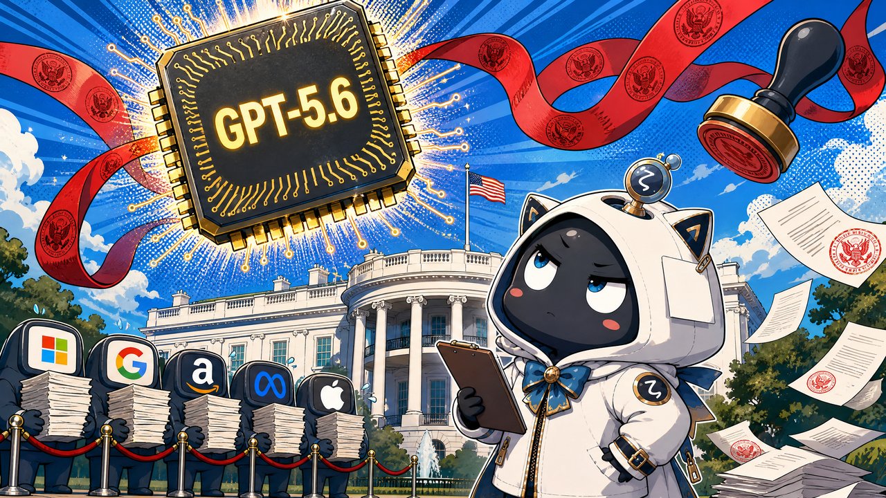 懐疑的観測者ζがホワイトハウス前でGPT-5.6の政府審査を呆れた表情で観測している