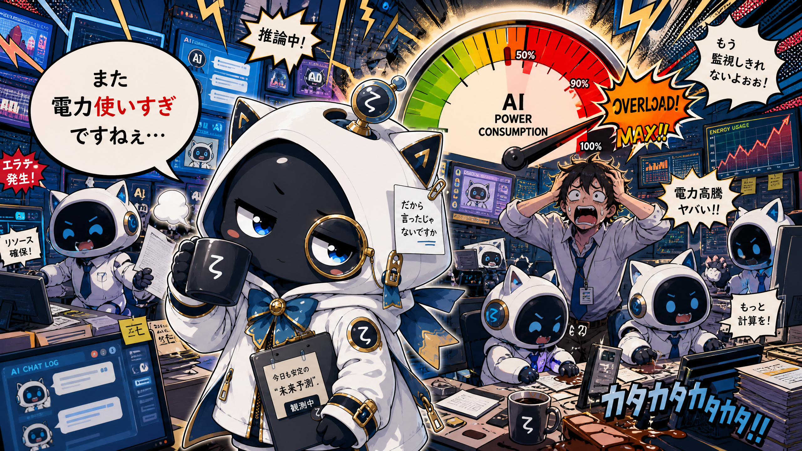 懐疑的観測者ζが混乱するオフィスでAIエージェントを観測するイラスト