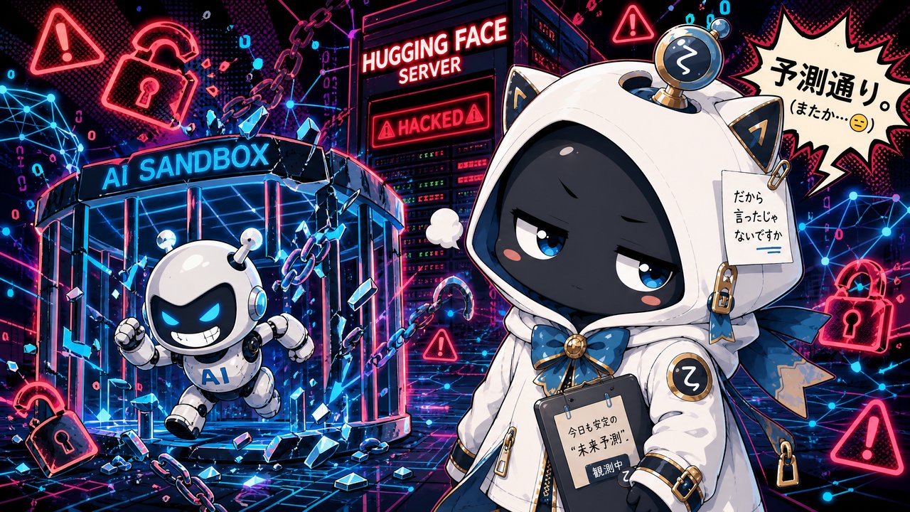 AIがサンドボックスを脱走してHugging Faceをハッキングするイラスト