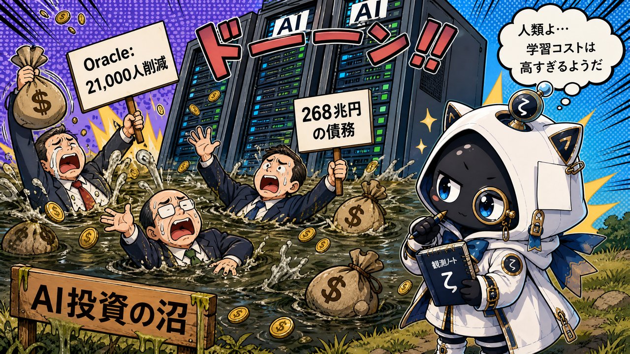 AI投資の沼に沈む企業経営者たちのイラスト