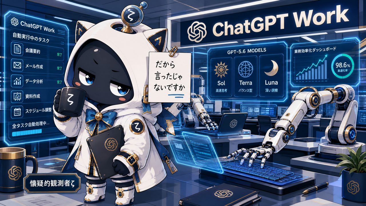懐疑的観測者ζがChatGPT Workの自動化オフィスを眺めるイラスト