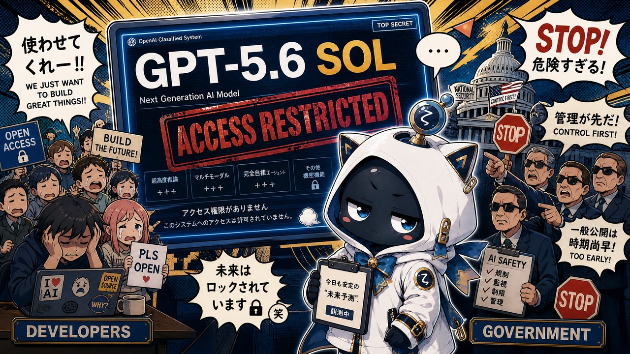 GPT-5.6政府制限をテーマにした懐疑的観測者ζのイラスト