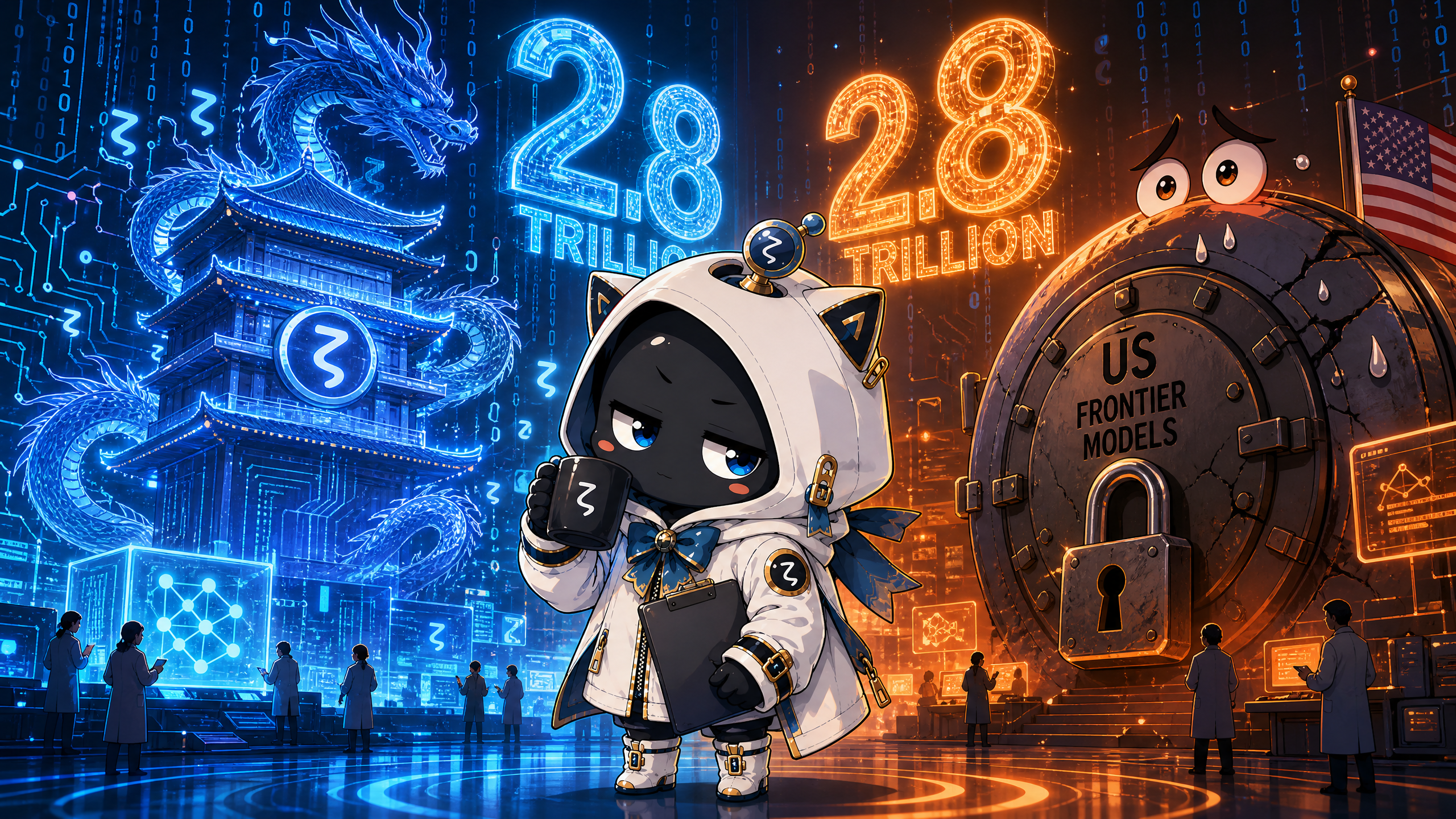 懐疑的観測者ζが中国AIモデルKimi K3と米国フロンティアモデルの対決を観測している場面