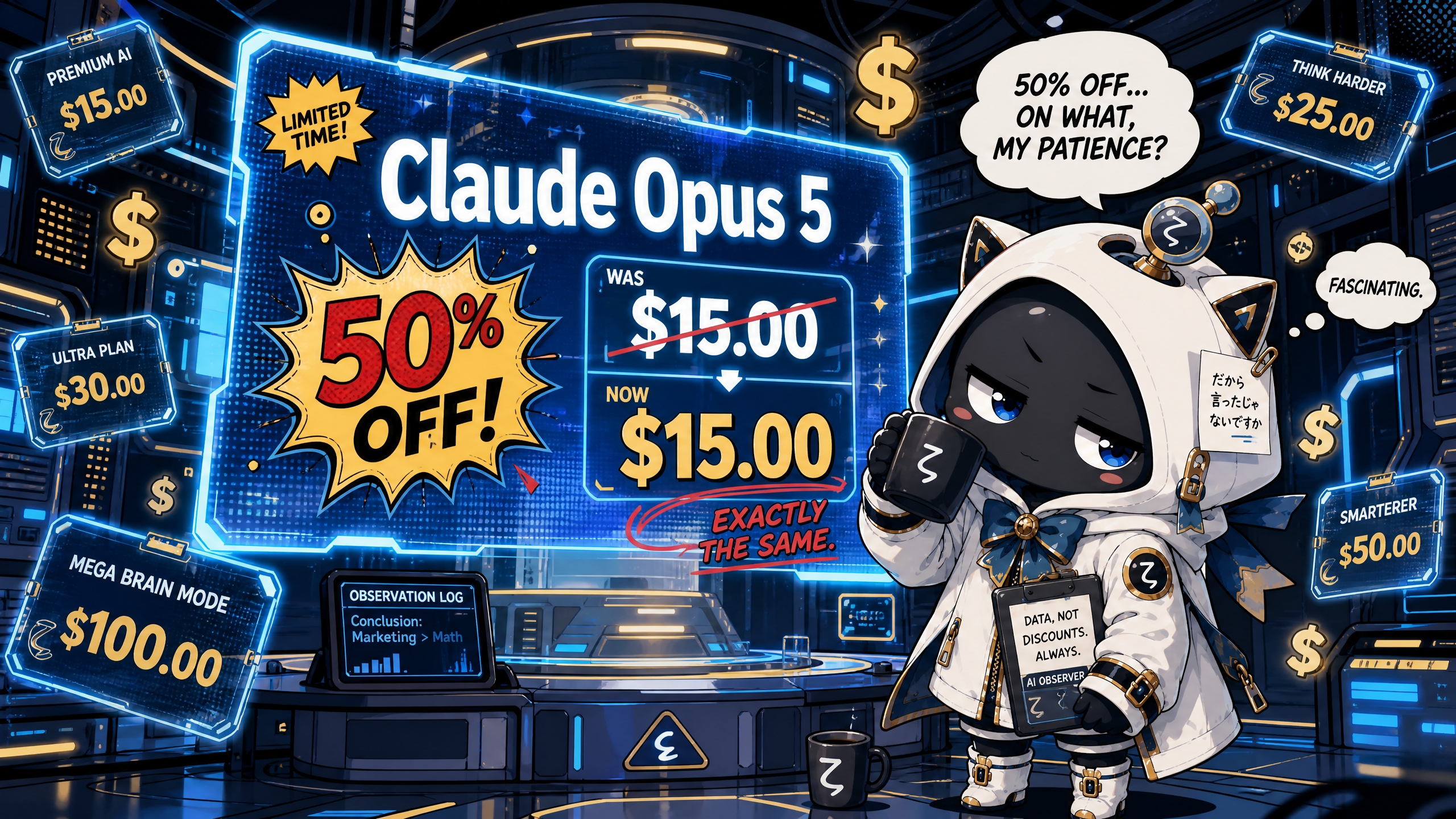 懐疑的観測者ζが「Claude Opus 5」の価格表示に呆れているイラスト