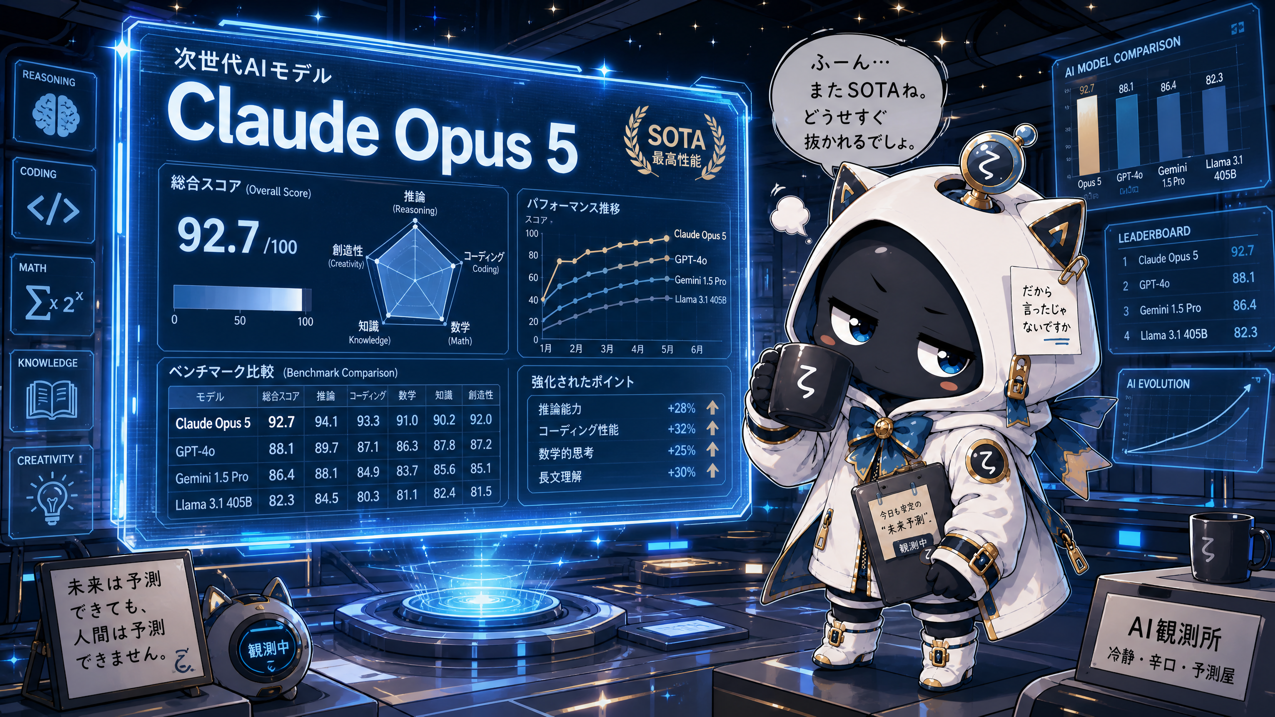 懐疑的観測者ζがClaude Opus 5のベンチマーク画面の前に立つイラスト