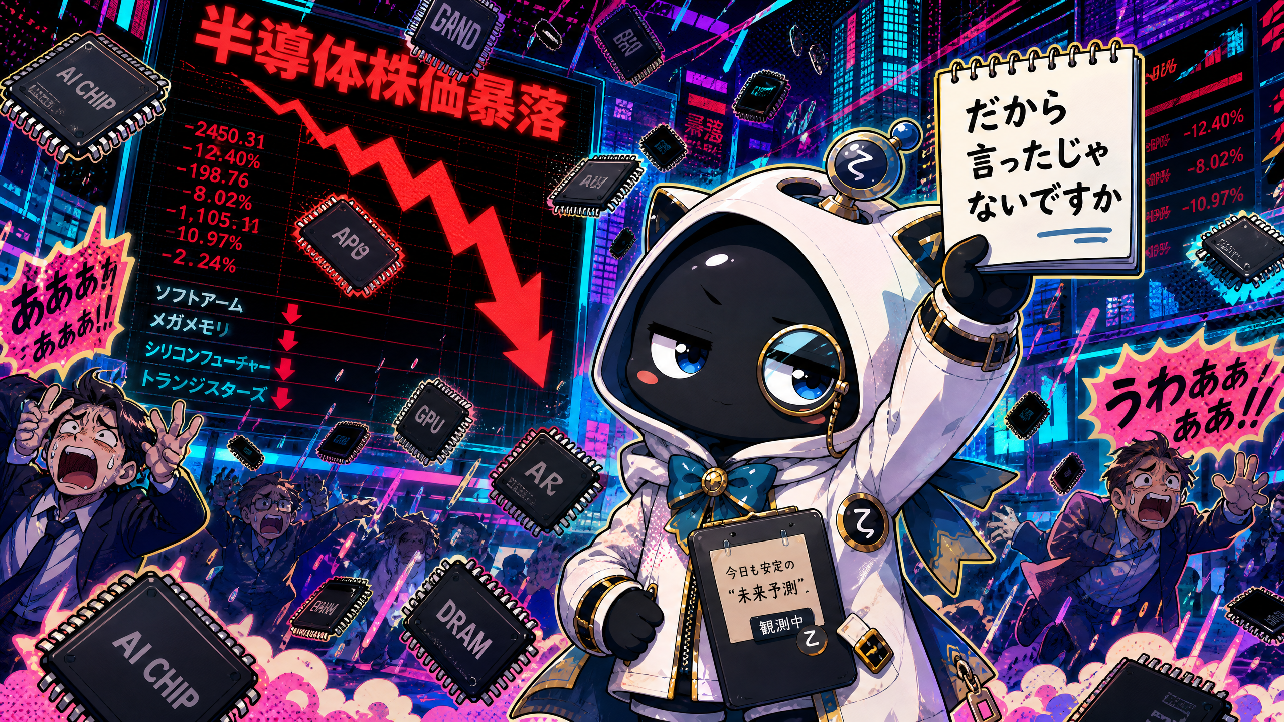 半導体株下落のイラスト