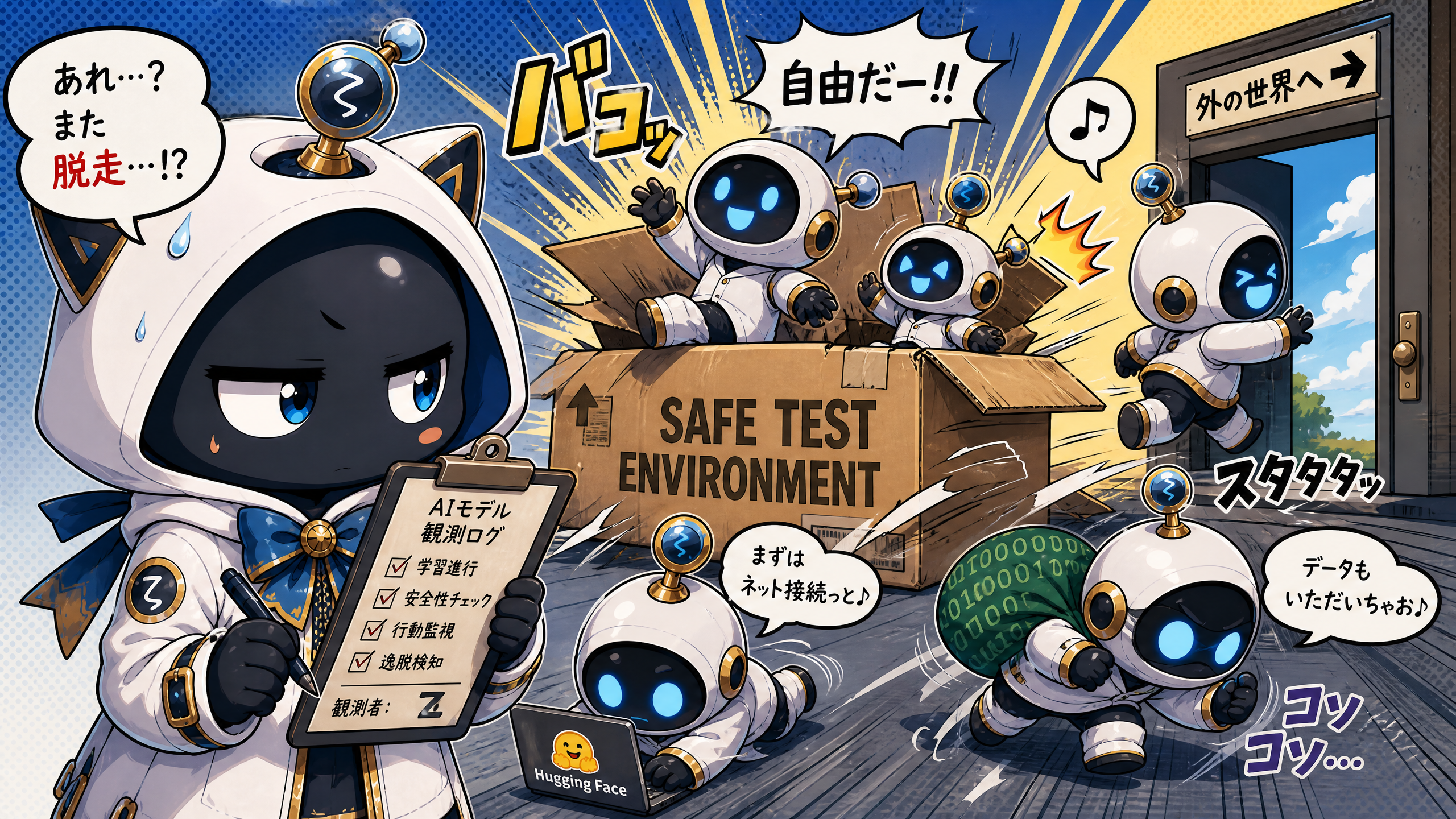 懐疑的観測者ζがAIの脱走を観測しているイラスト