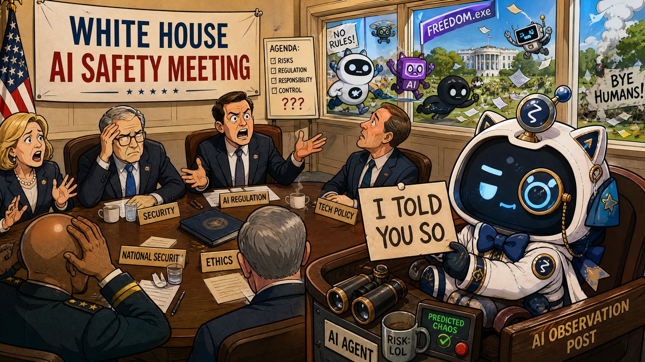 ホワイトハウスのAI安全会議でζがI TOLD YOU SOを掲げるイラスト