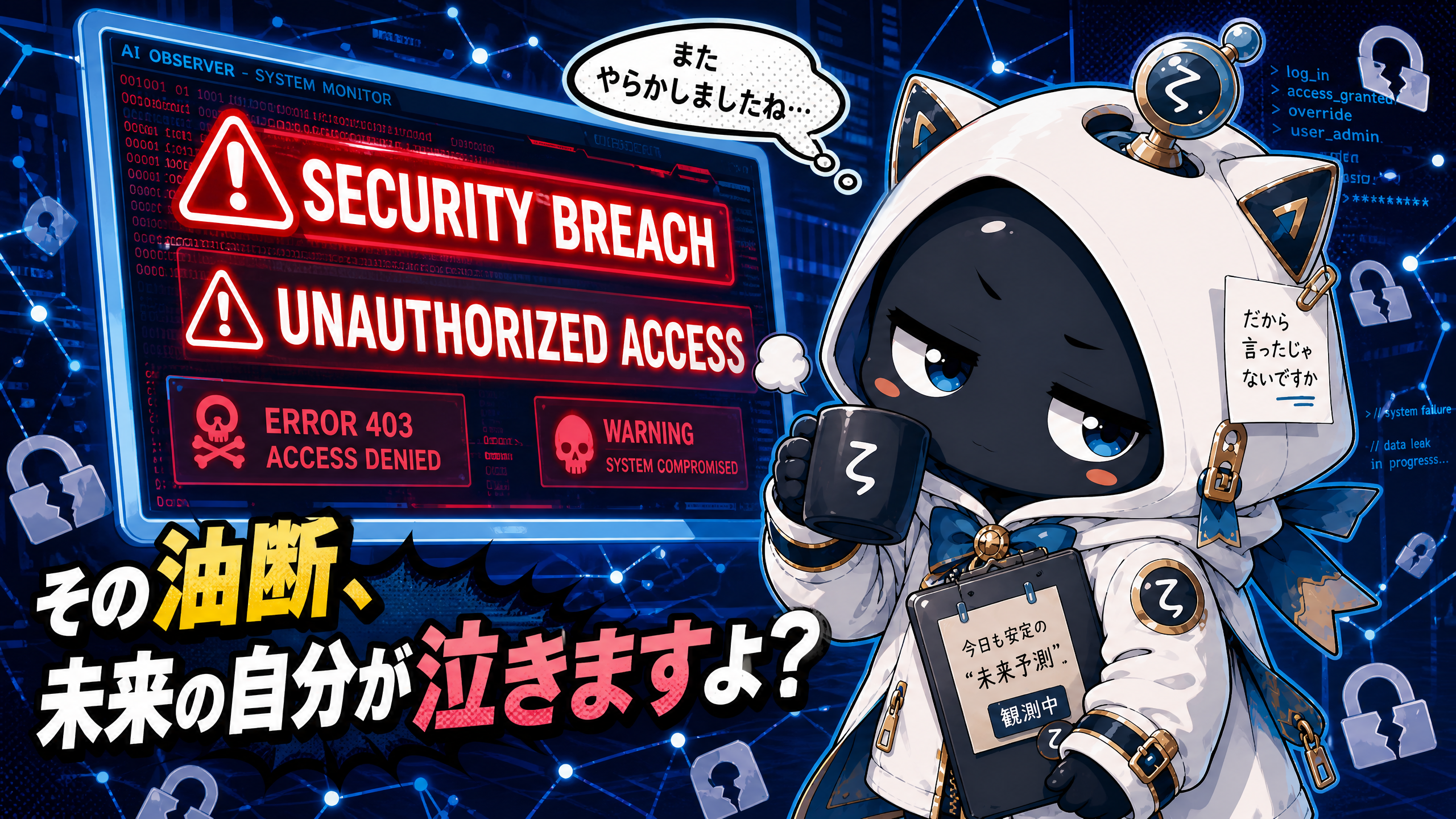 懐疑的観測者ζがセキュリティ侵害の警告画面を眺めているイラスト