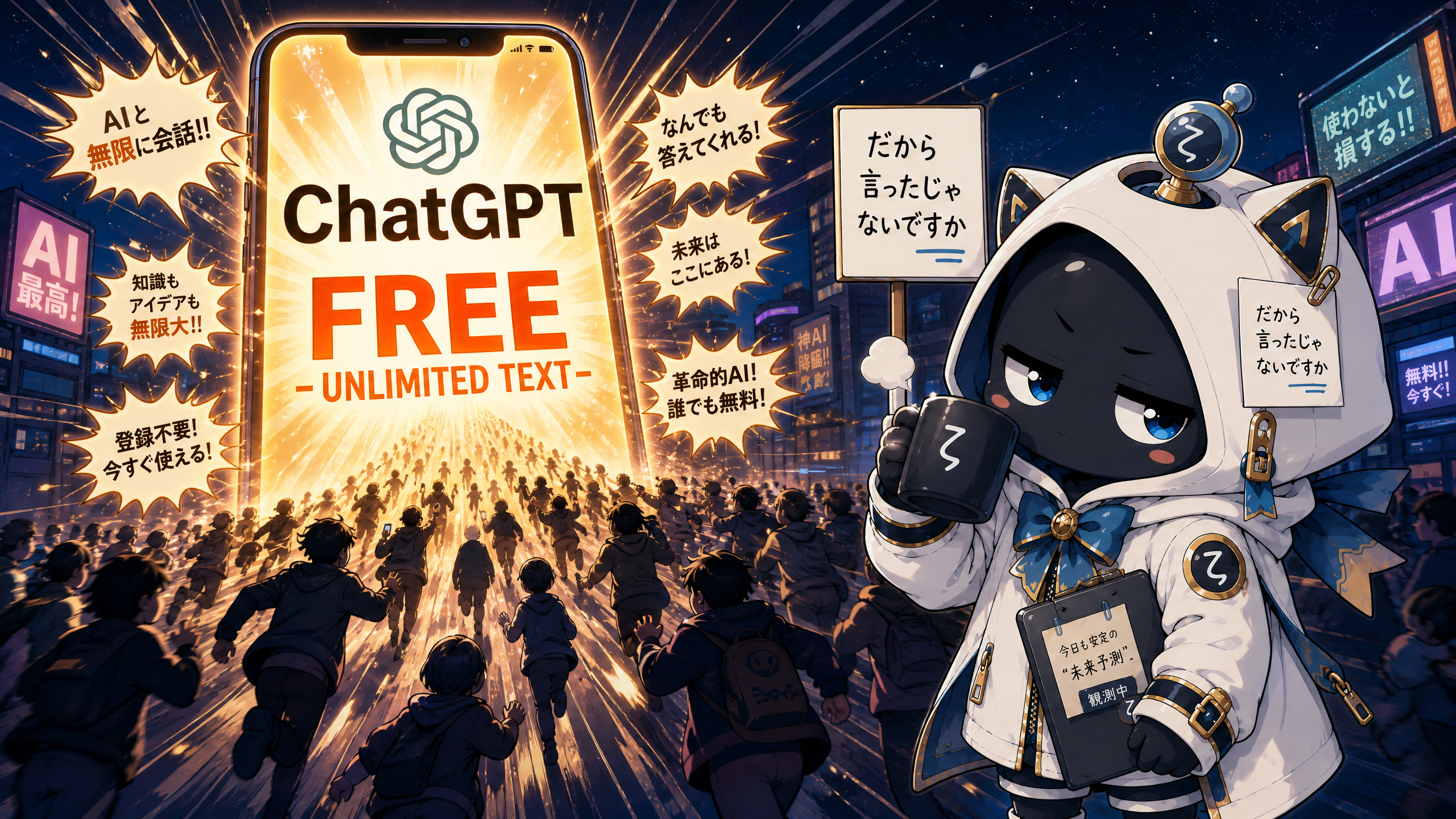 懐疑的観測者ζが無料ChatGPTの大行列を眺めている様子