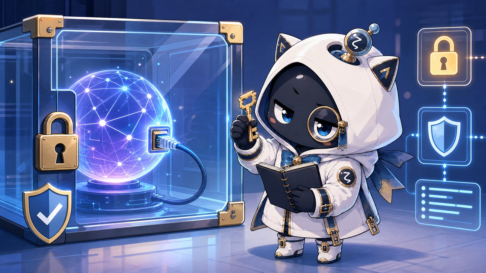 透明な安全ボックスの中のAIエージェントを、懐疑的観測者ζが鍵と監査ログで確認しているイラスト