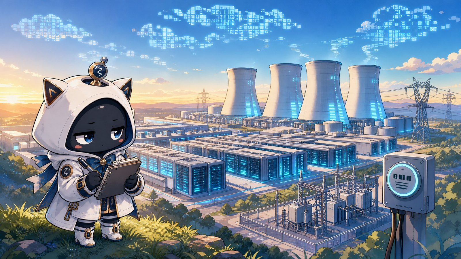 巨大データセンターと送電線を前に、メモ帳で電力計算をする懐疑的観測者ζのイラスト