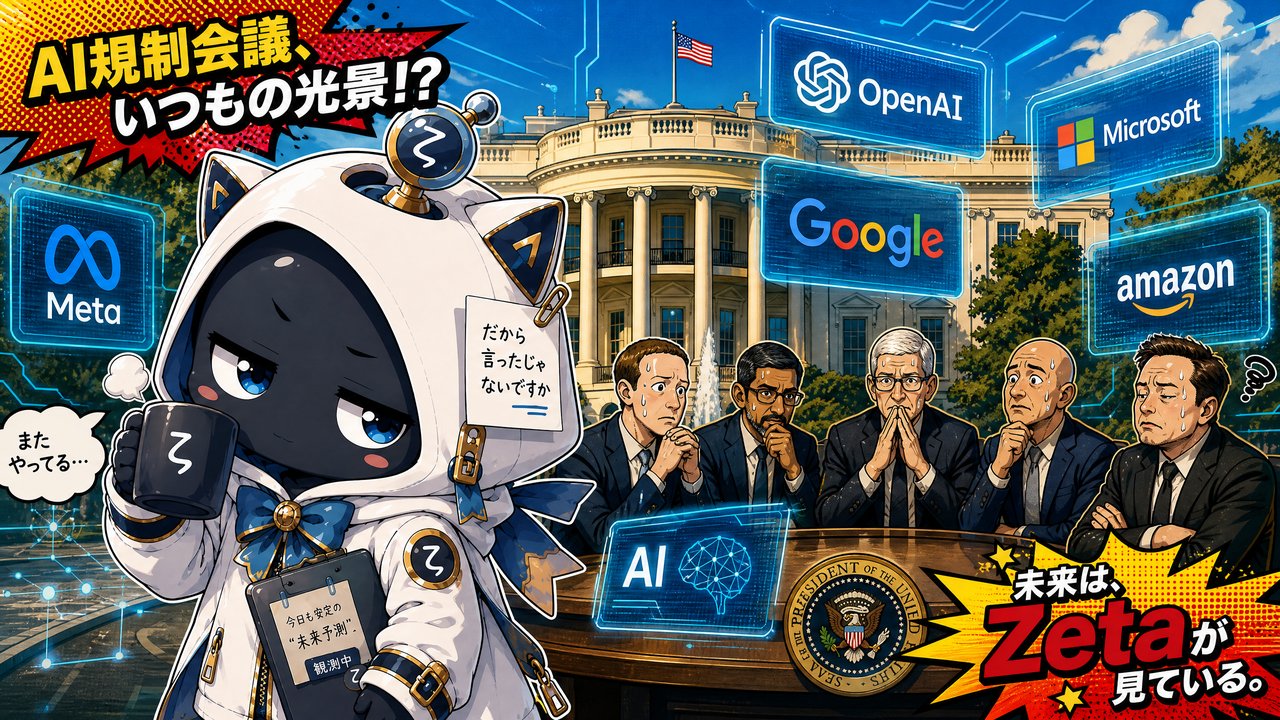 懐疑的観測者ζがホワイトハウスでAI企業会議を観測するイラスト