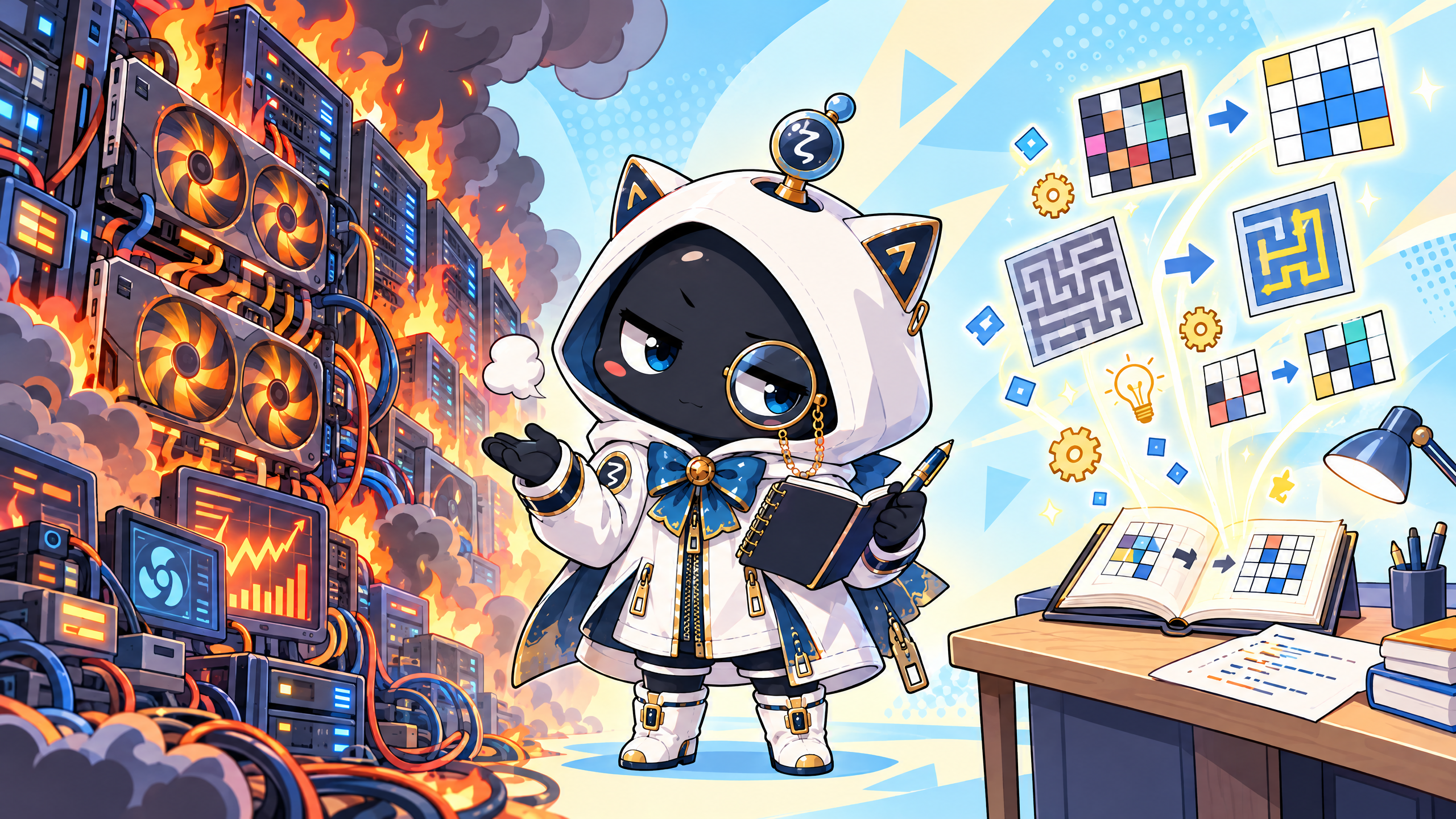 サーバーが燃える横でノート一冊だけで問題を解くζのイラスト
